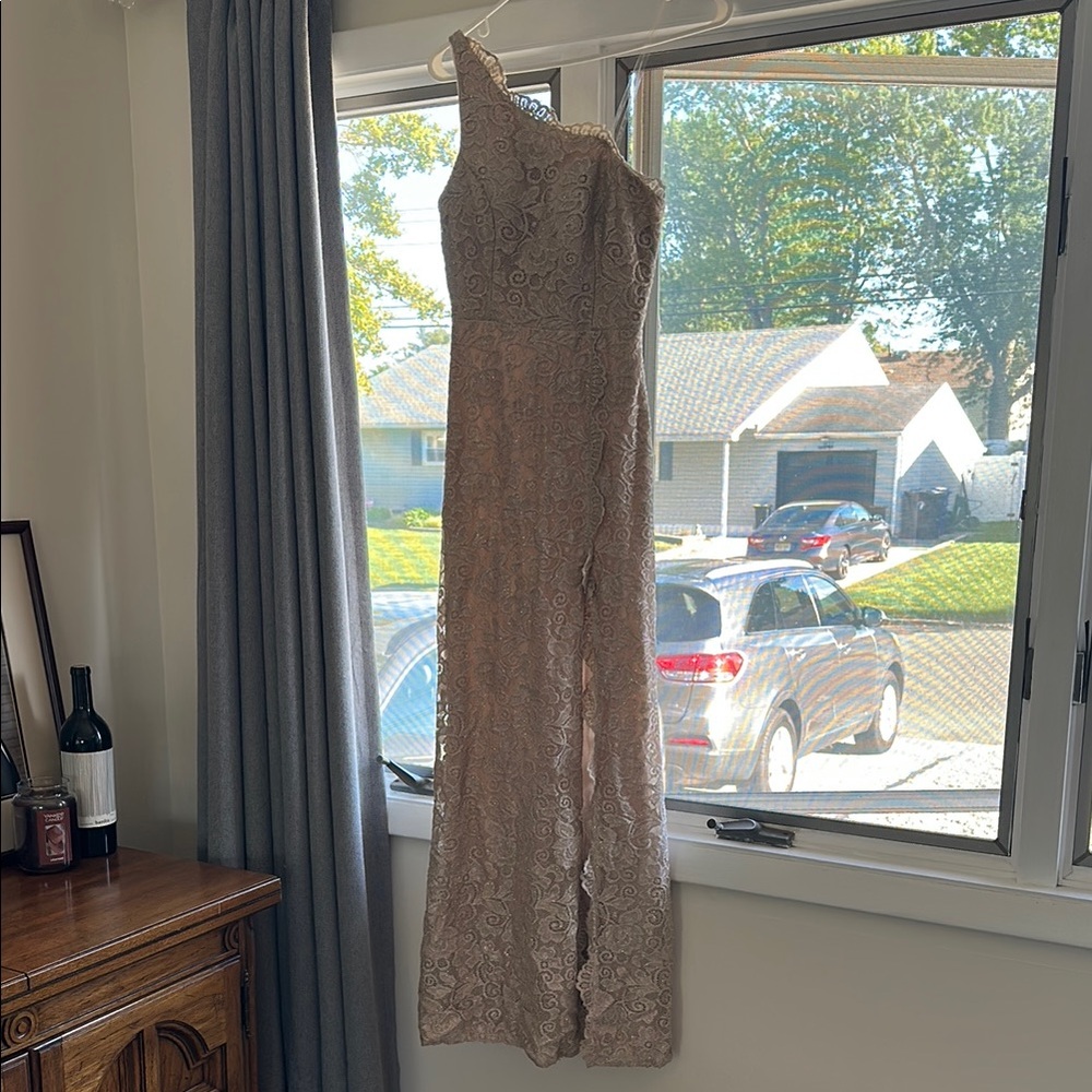 One-Shoulder Lace Evening Gown in Blush